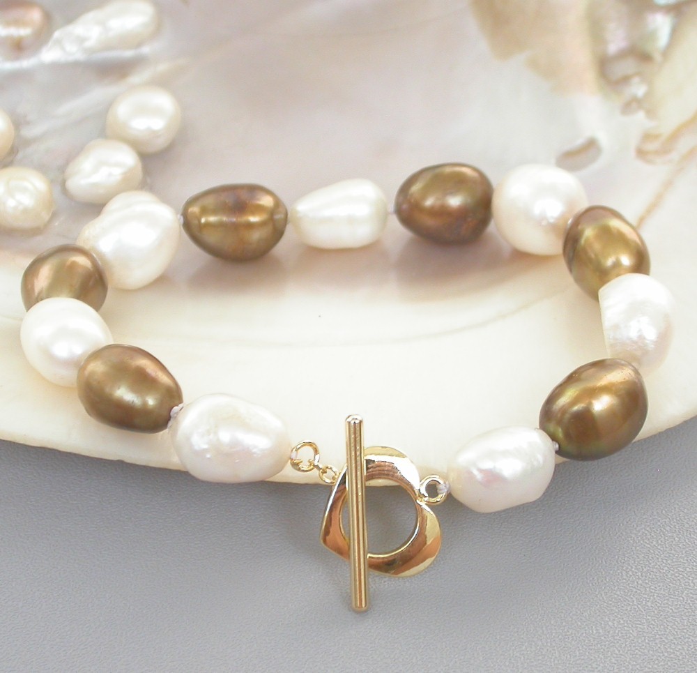 Genuine 8" Baroque coffee White Multicolor freshwater pearl Beads bracelet 9K