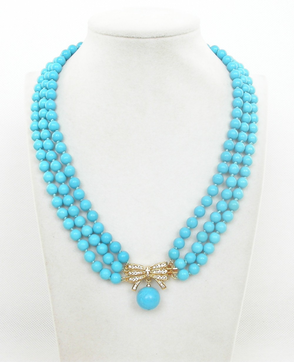AAA natural 18" 3row 6-10mm round sky-blue Turquoise Beads Strand necklace 9K
