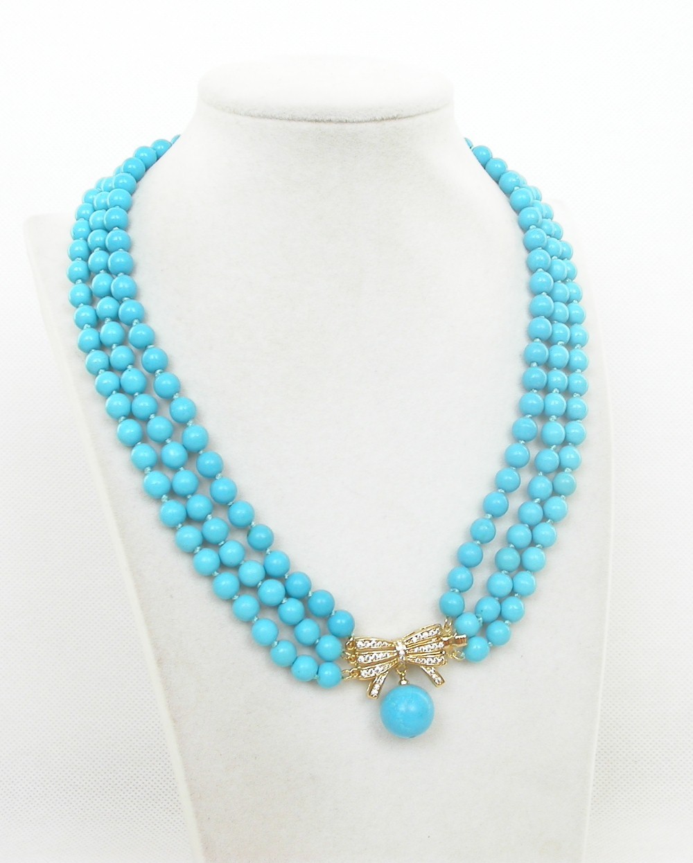 AAA natural 18" 3row 6-10mm round sky-blue Turquoise Beads Strand necklace 9K