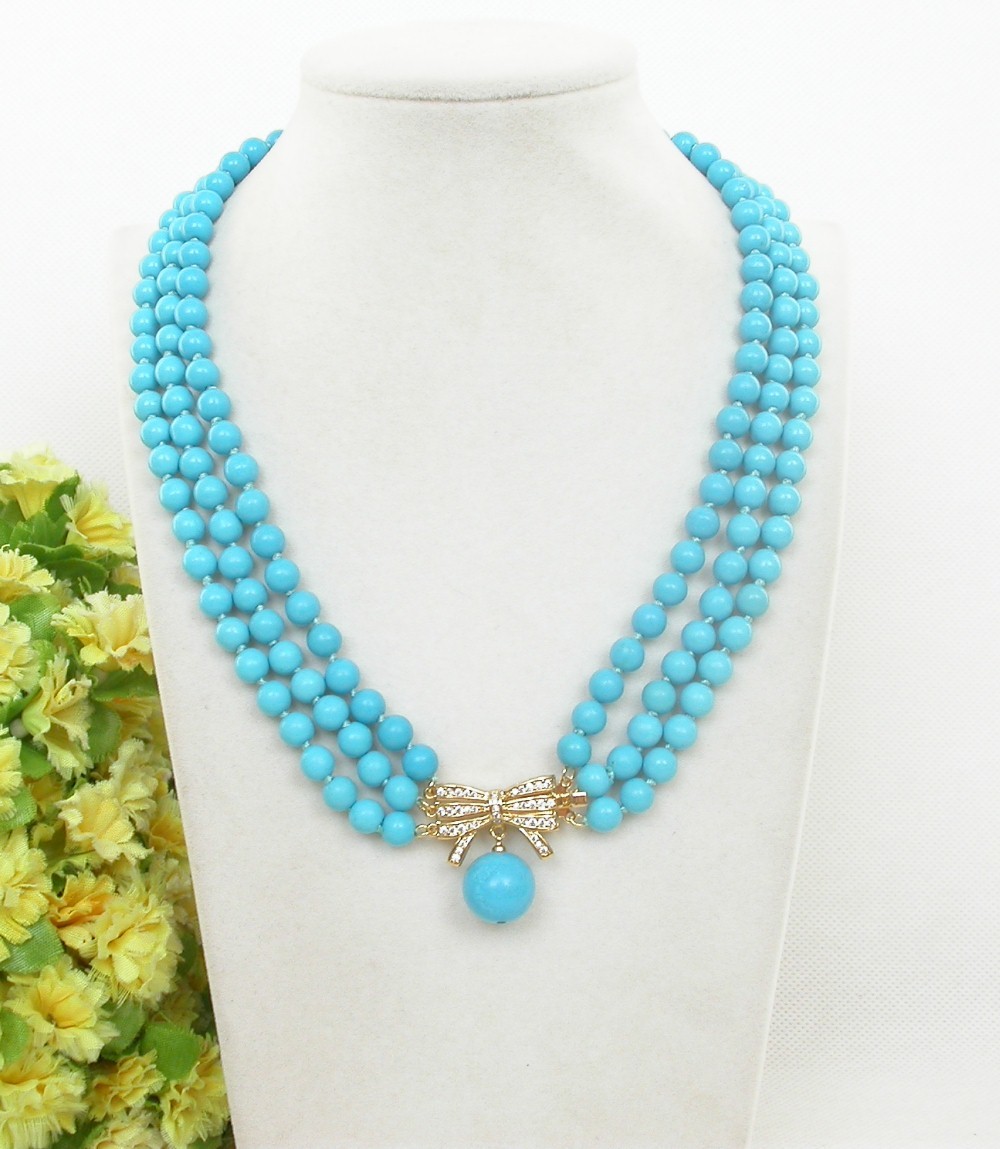 AAA natural 18" 3row 6-10mm round sky-blue Turquoise Beads Strand necklace 9K