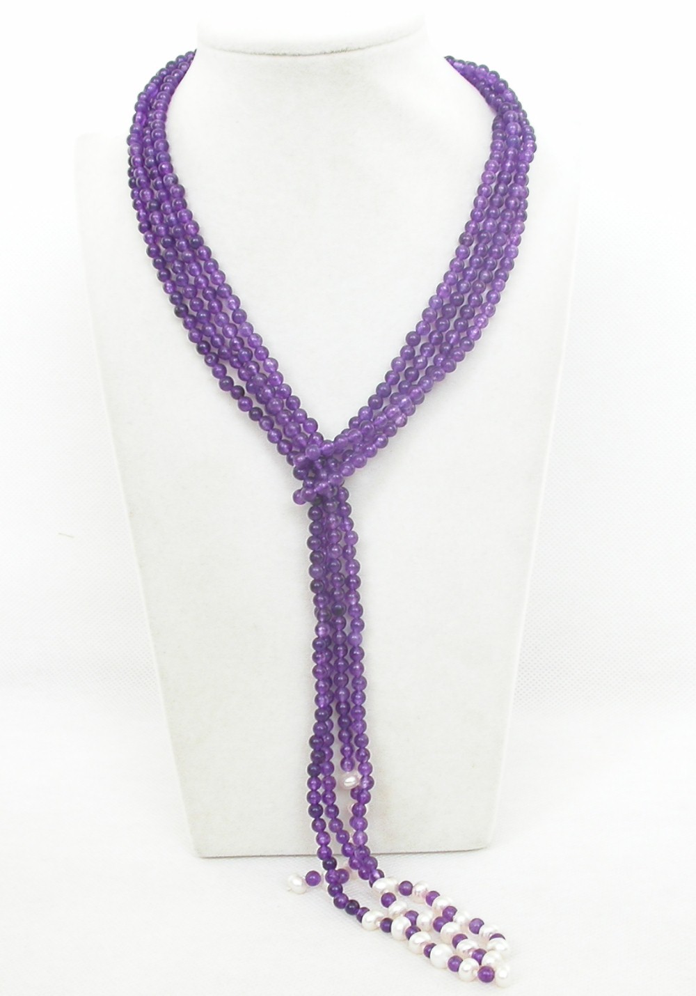 natural Long 46" 2pcs 4mm round healthy amethyst jade beads Strand necklace c2263