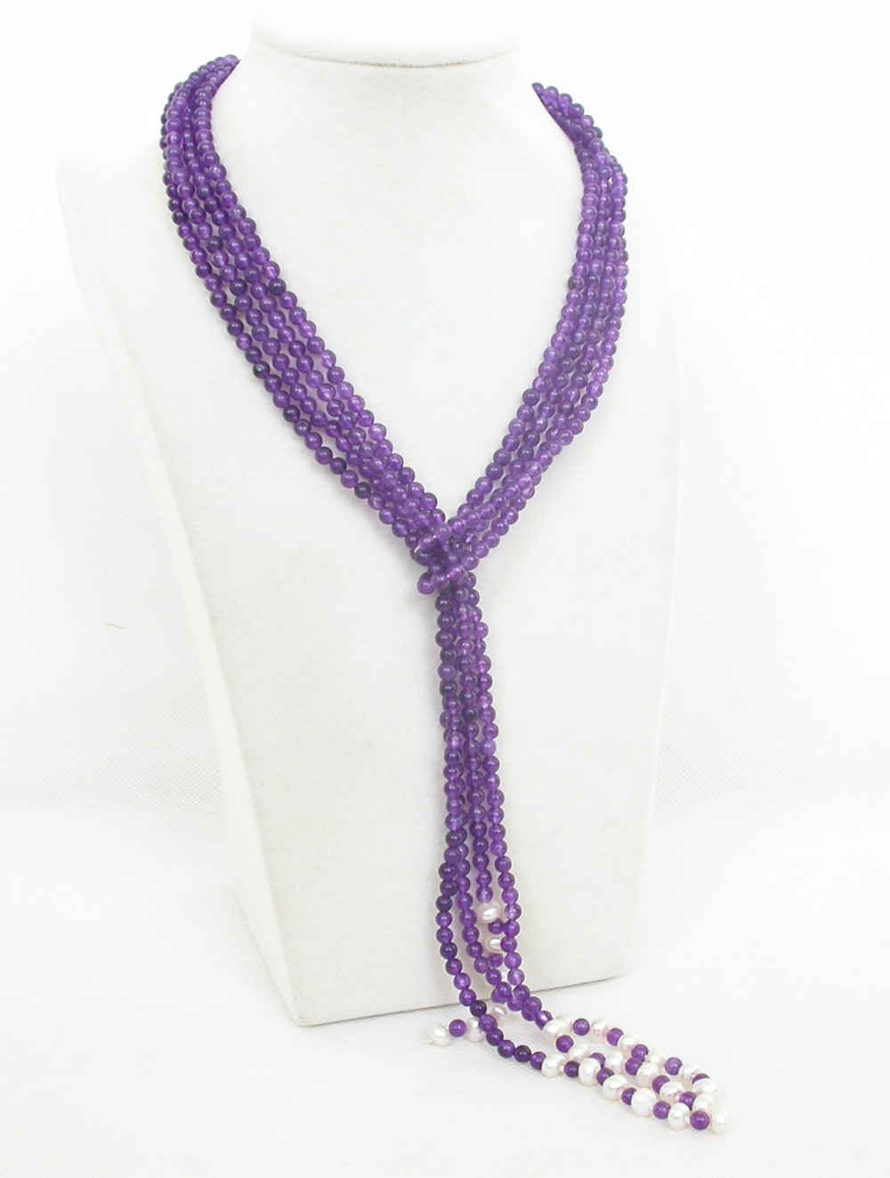 natural Long 46" 2pcs 4mm round healthy amethyst jade beads Strand necklace c2263