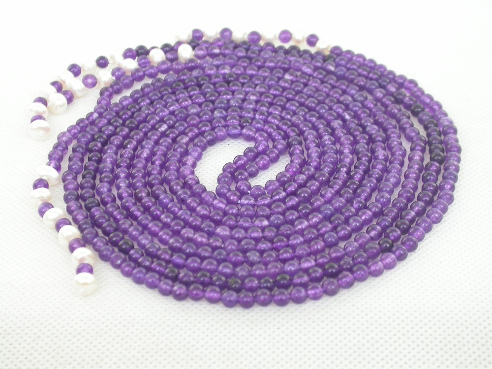 natural Long 46" 2pcs 4mm round healthy amethyst jade beads Strand necklace c2263