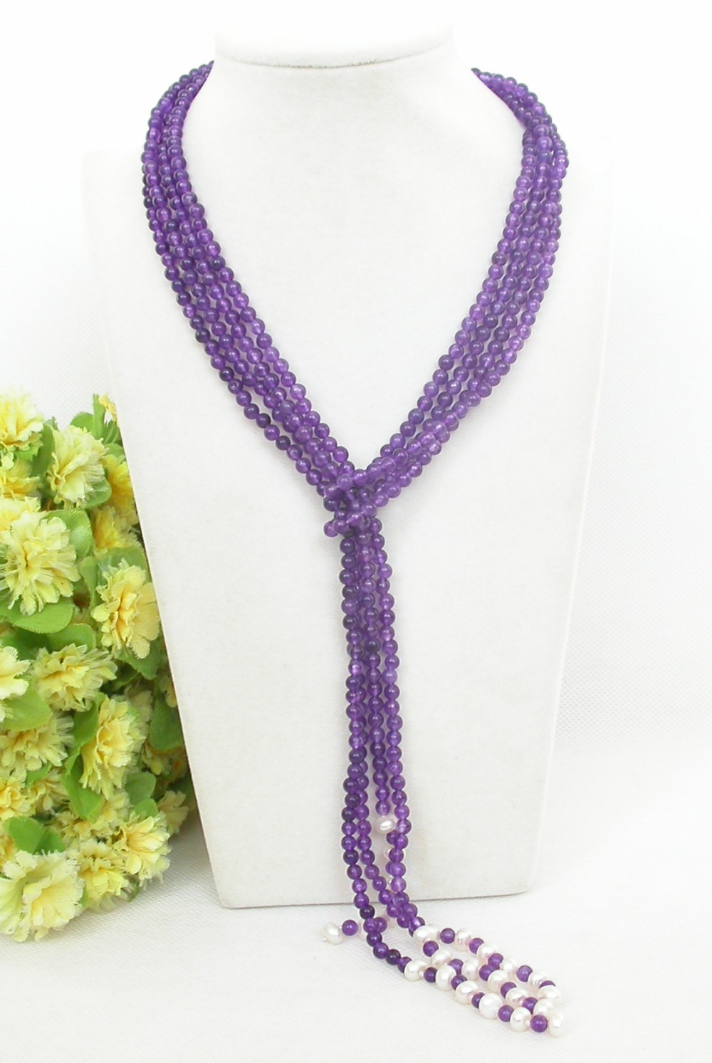 natural Long 46" 2pcs 4mm round healthy amethyst jade beads Strand necklace c2263