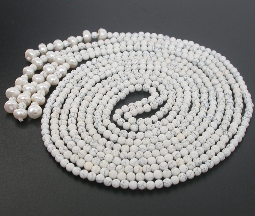 natural Long 46" 2pcs 4mm round white turquoise beads Strand pearl necklace c2273