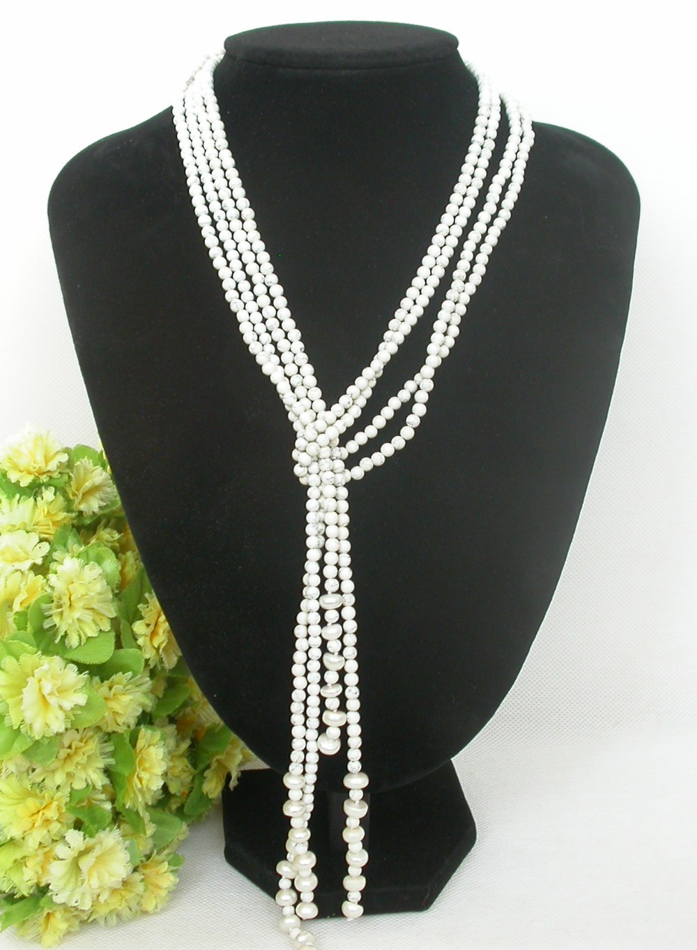 natural Long 46" 2pcs 4mm round white turquoise beads Strand pearl necklace c2273