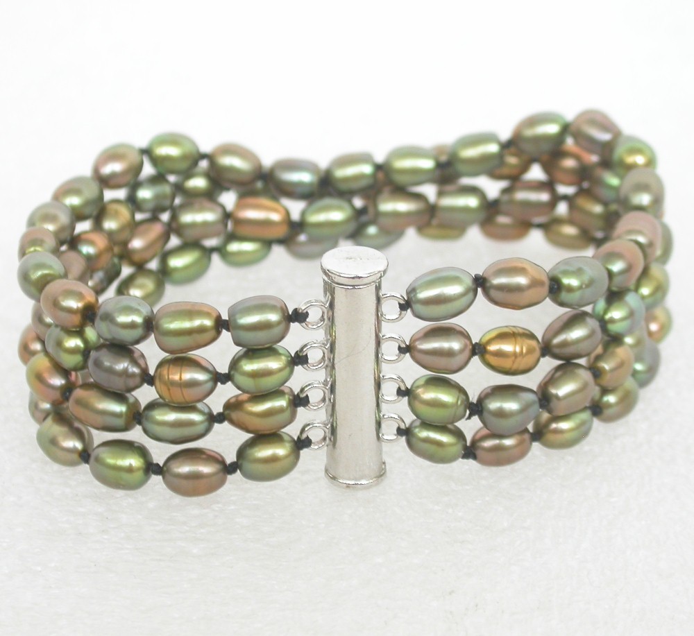 AAA 8" 4row Baroque rice green freshwater pearls beads Strand Bracelet c2289
