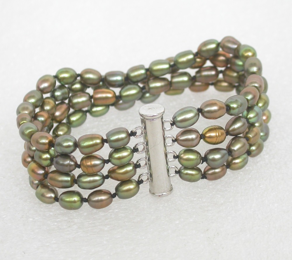 AAA 8" 4row Baroque rice green freshwater pearls beads Strand Bracelet c2289