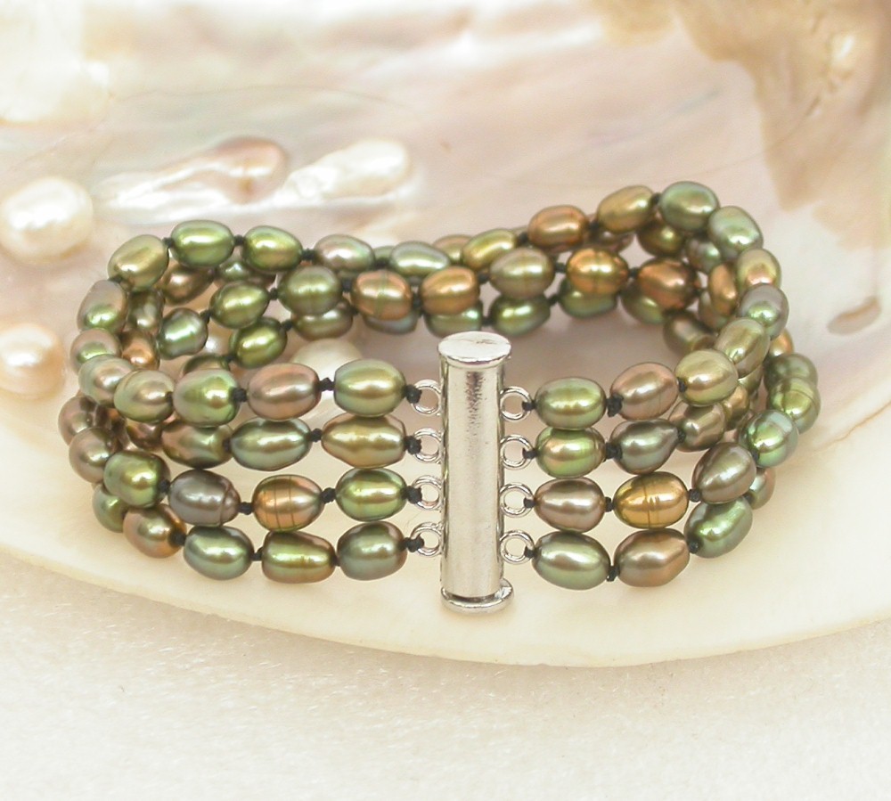 AAA 8" 4row Baroque rice green freshwater pearls beads Strand Bracelet c2289