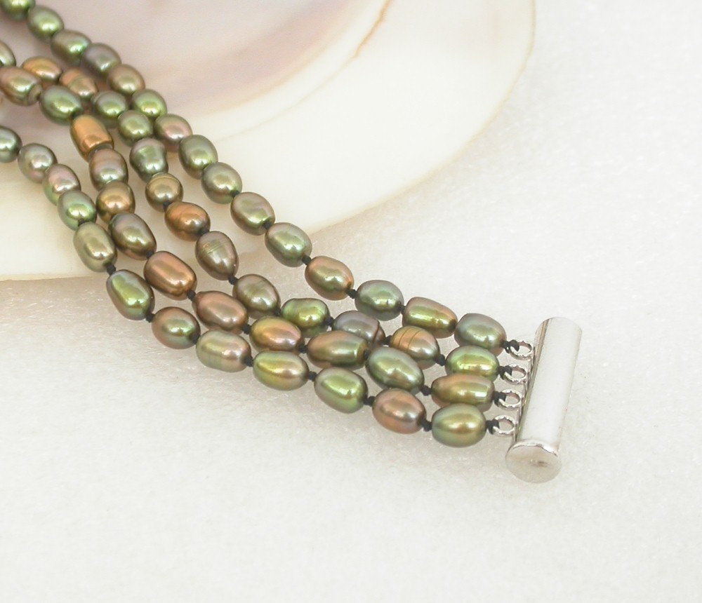 AAA 8" 4row Baroque rice green freshwater pearls beads Strand Bracelet c2289