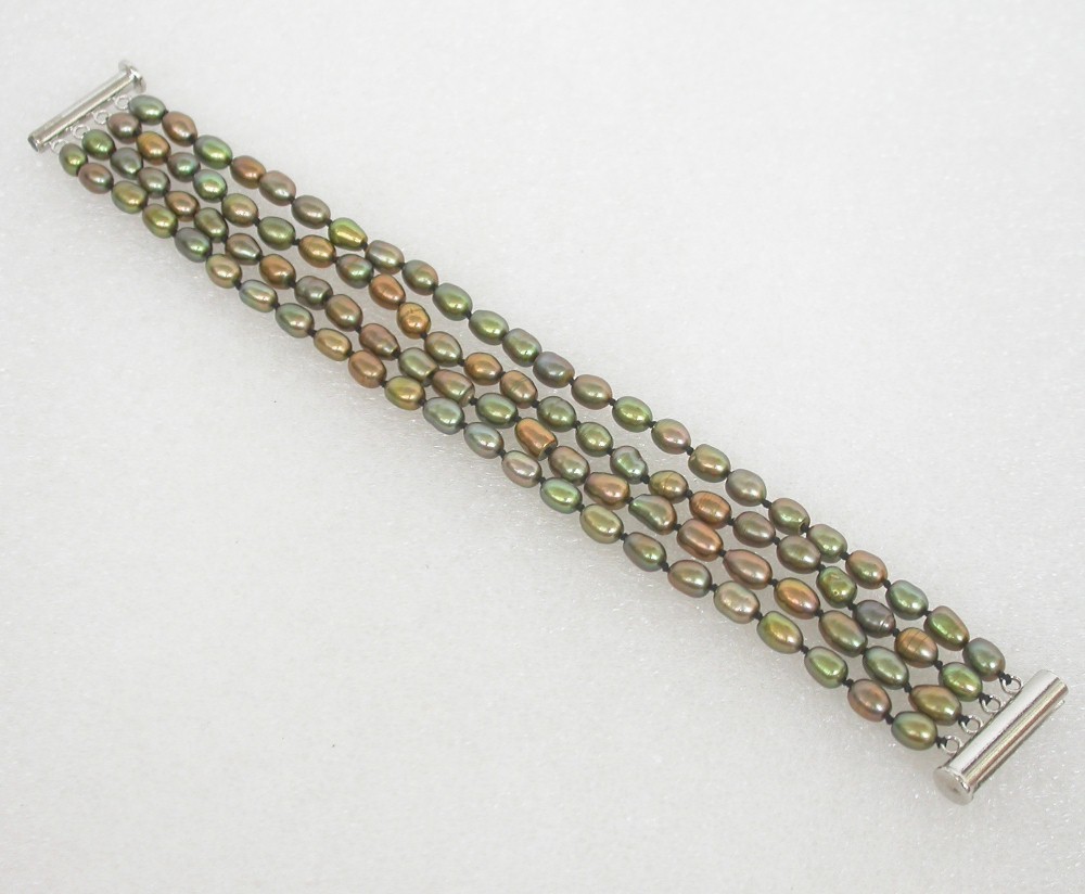 AAA 8" 4row Baroque rice green freshwater pearls beads Strand Bracelet c2289