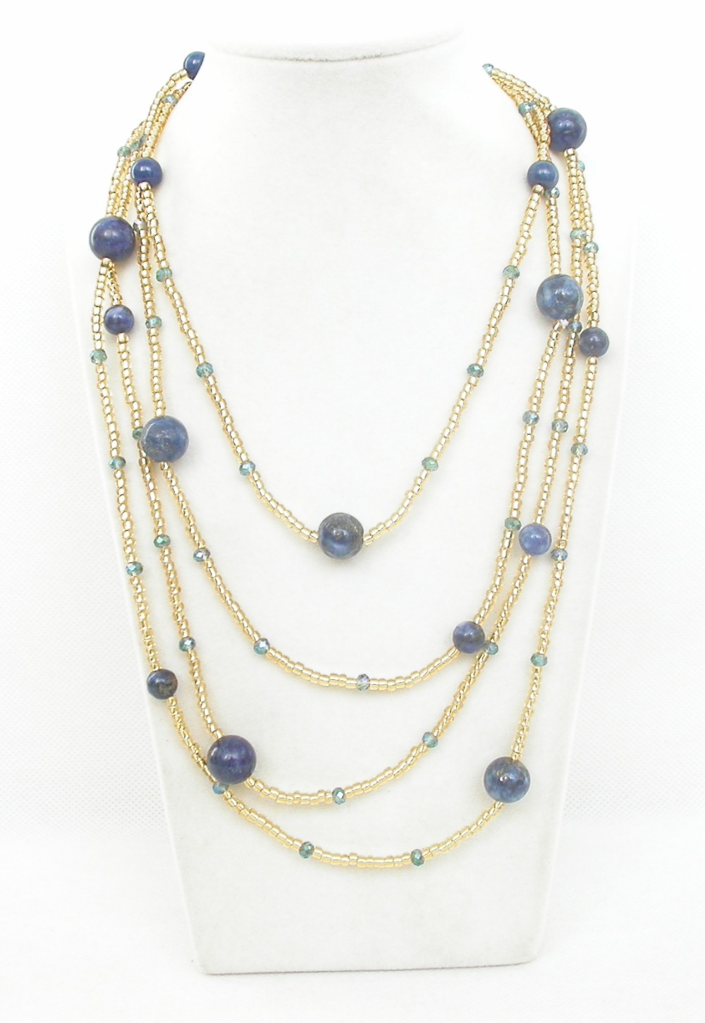 Long 80" Baroque natural Blue lapis lazuli golden crystal Strand Necklace c2296