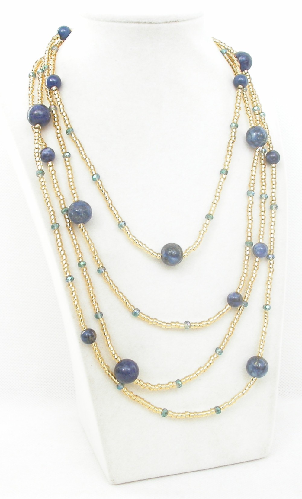 Long 80" Baroque natural Blue lapis lazuli golden crystal Strand Necklace c2296