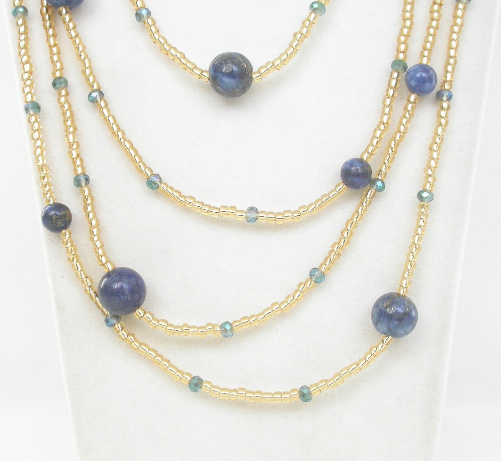 Long 80" Baroque natural Blue lapis lazuli golden crystal Strand Necklace c2296