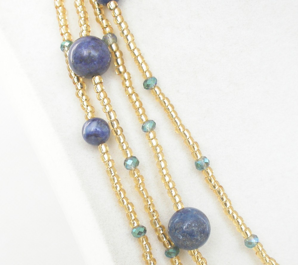 Long 80" Baroque natural Blue lapis lazuli golden crystal Strand Necklace c2296