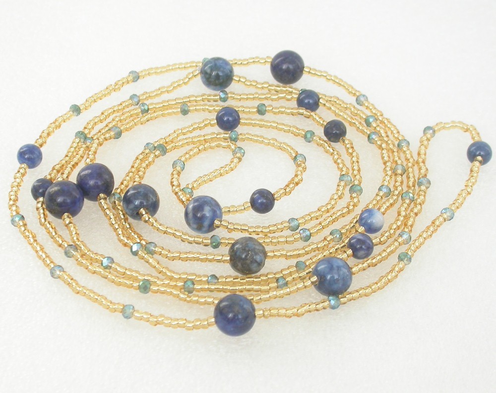 Long 80" Baroque natural Blue lapis lazuli golden crystal Strand Necklace c2296
