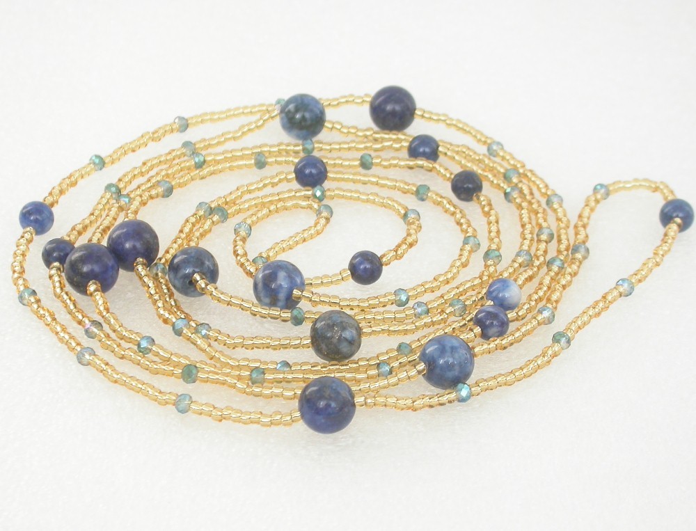 Long 80" Baroque natural Blue lapis lazuli golden crystal Strand Necklace c2296