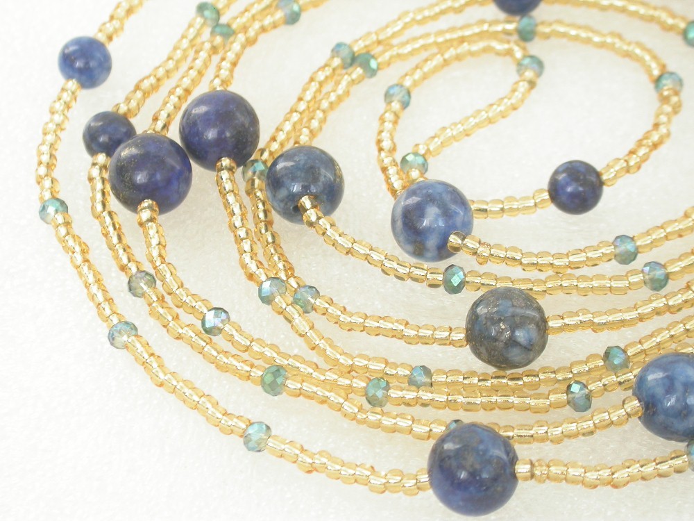 Long 80" Baroque natural Blue lapis lazuli golden crystal Strand Necklace c2296