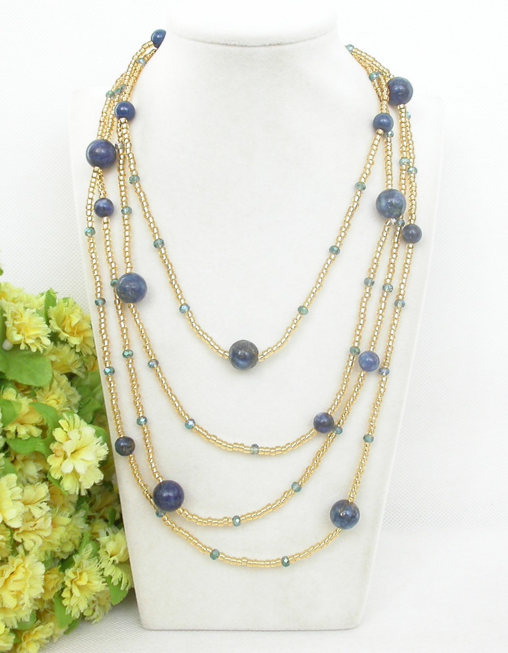 Long 80" Baroque natural Blue lapis lazuli golden crystal Strand Necklace c2296