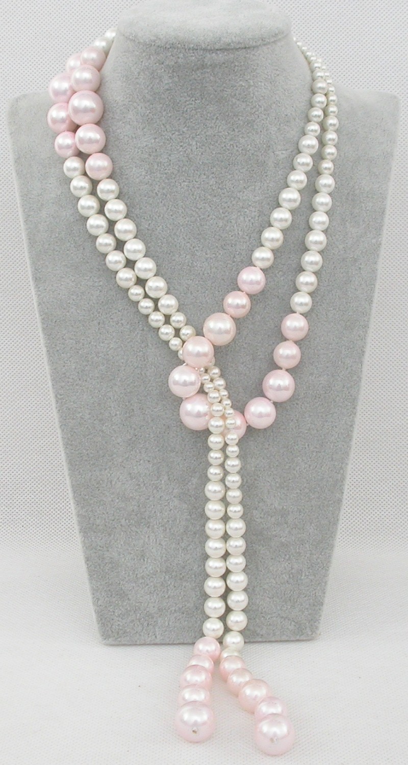 AAA Long Graduated 47" 12mm round white pink south sea shell pearls necklace c1624