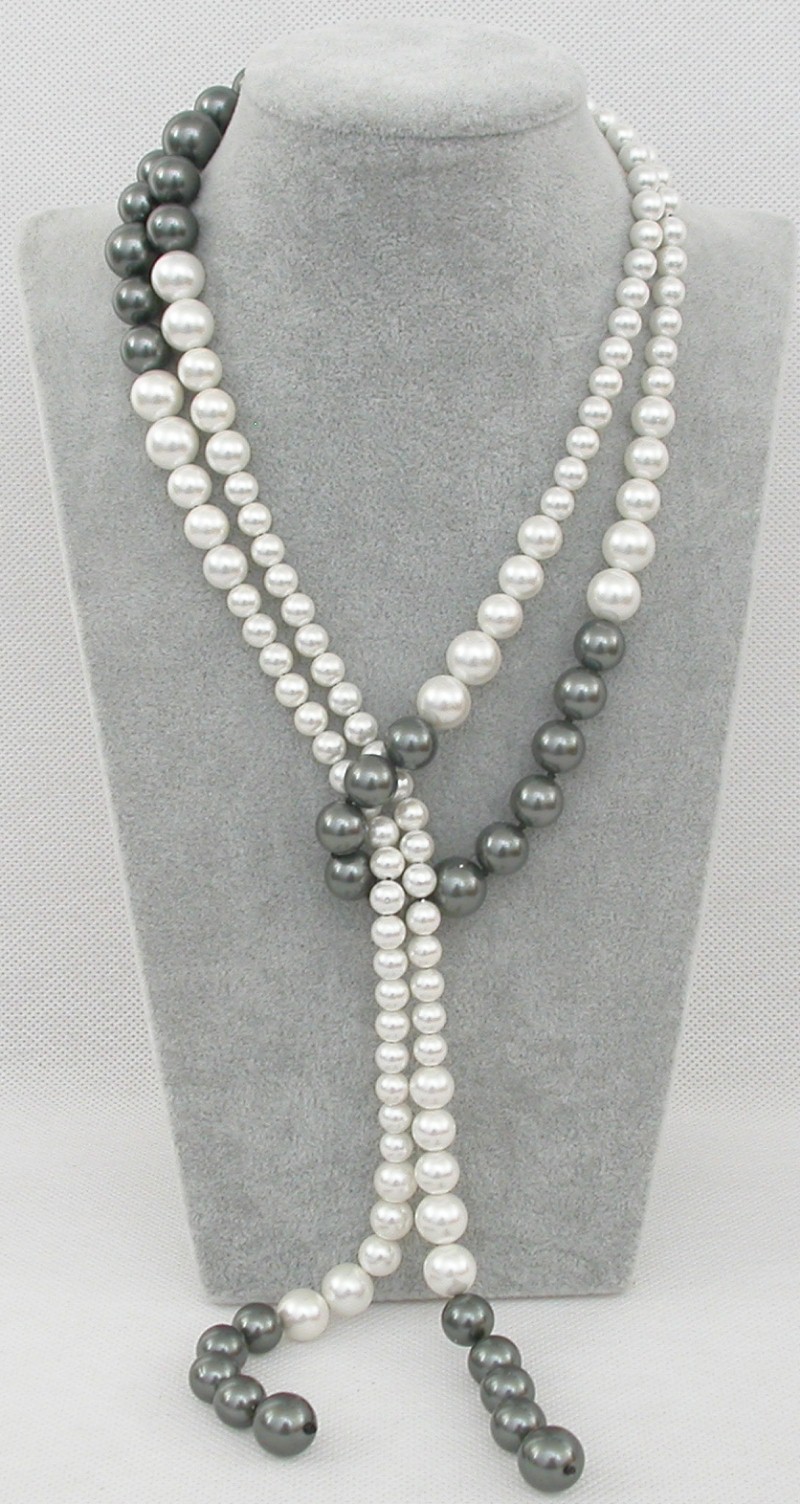 AAA Long Graduated 47" 12mm round white black south sea shell pearls necklace c1625