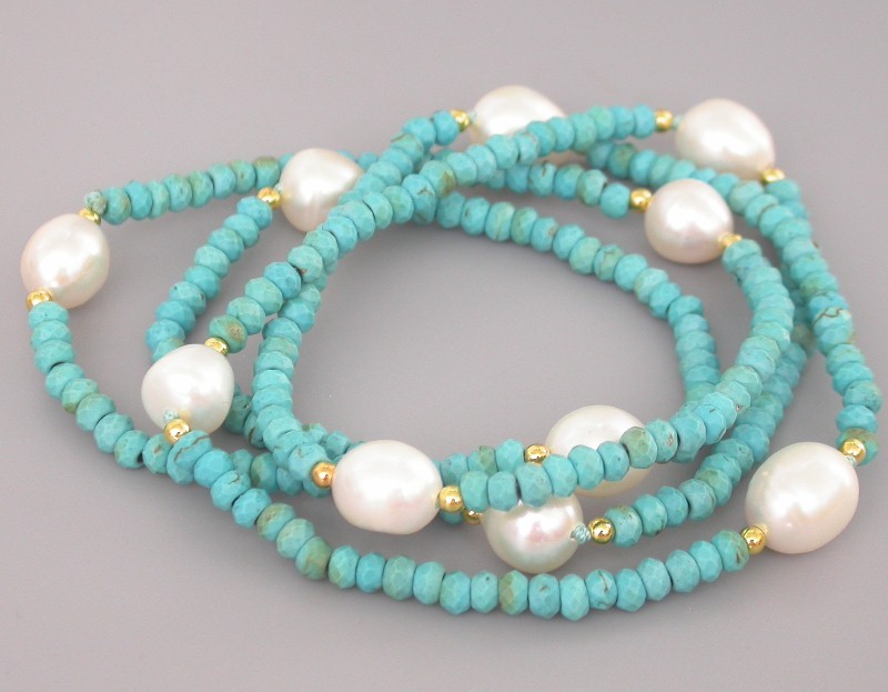 Long 30" 2X4mm rice white pearls Faceted Rondelle blue Turquoise Gems necklace c1628