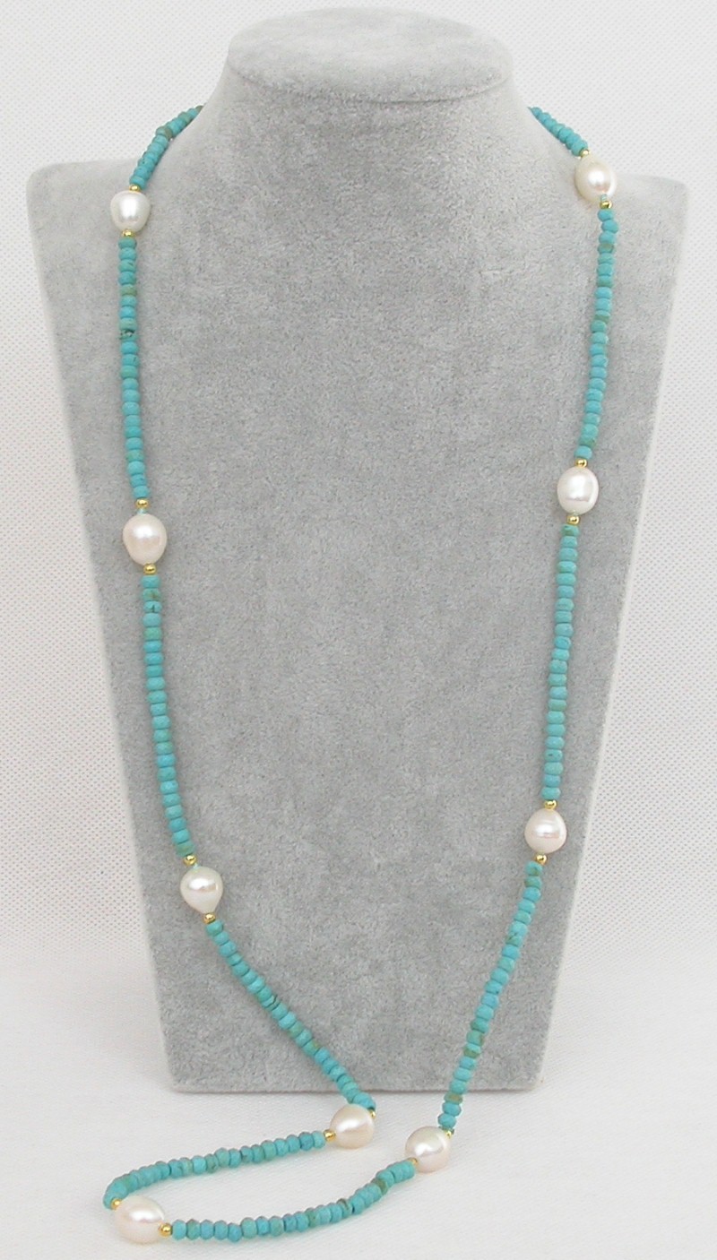 Long 30" 2X4mm rice white pearls Faceted Rondelle blue Turquoise Gems necklace c1628