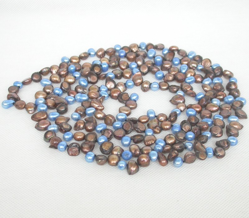 Long 46" Baroque tooth blue coffee Multi-color freshwater pearls necklace c1669