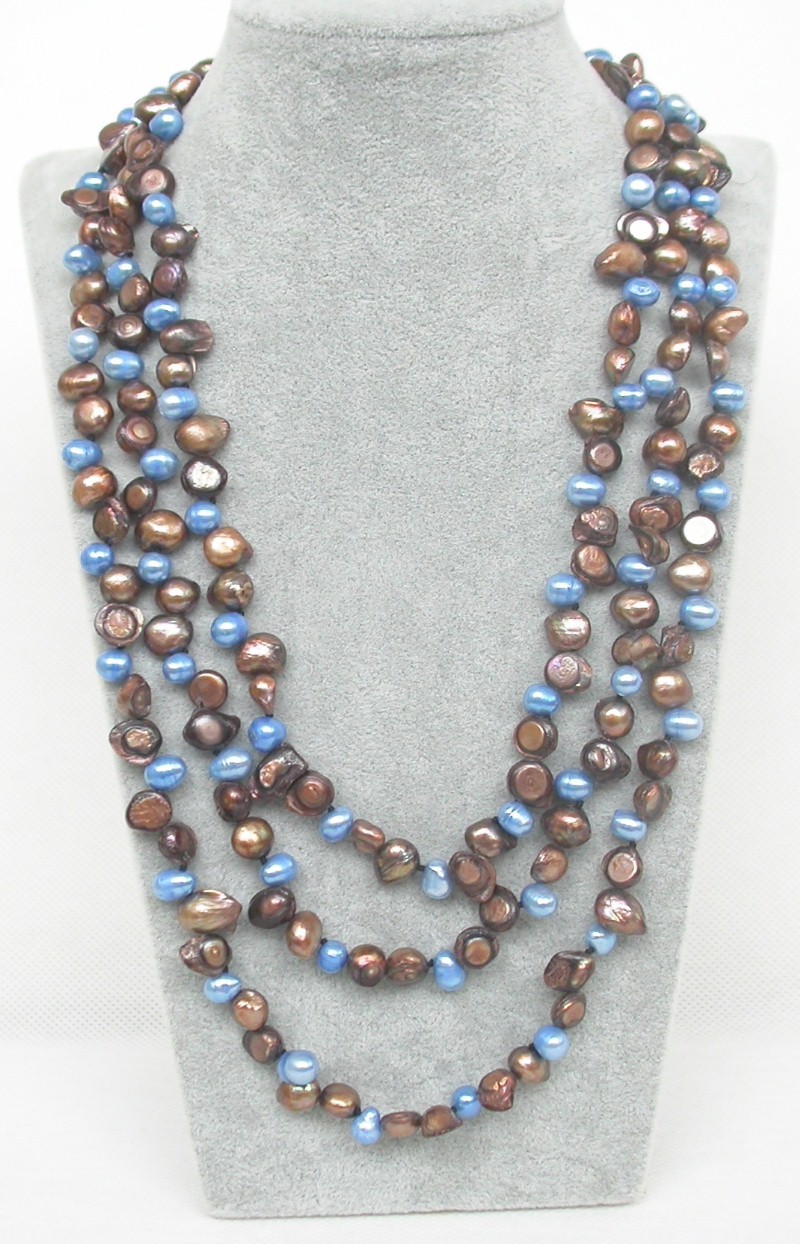 Long 46" Baroque tooth blue coffee Multi-color freshwater pearls necklace c1669