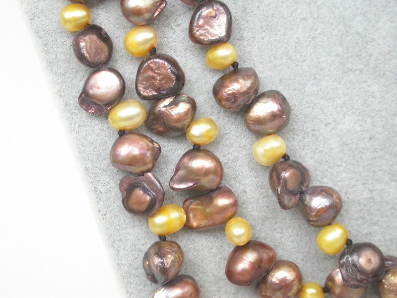 Long 46" Baroque tooth yellow coffee Multi-color freshwater pearl necklace c1670