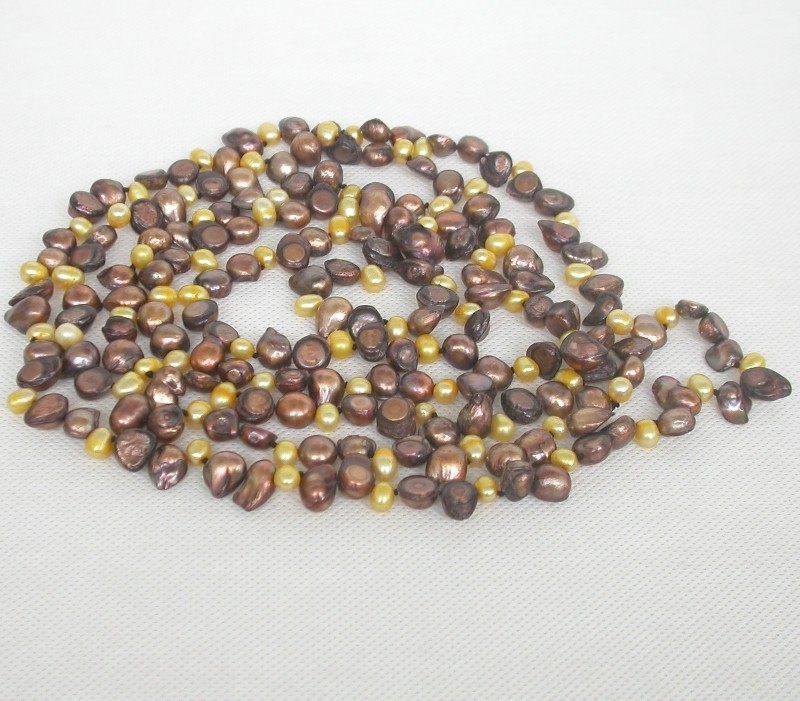 Long 46" Baroque tooth yellow coffee Multi-color freshwater pearl necklace c1670