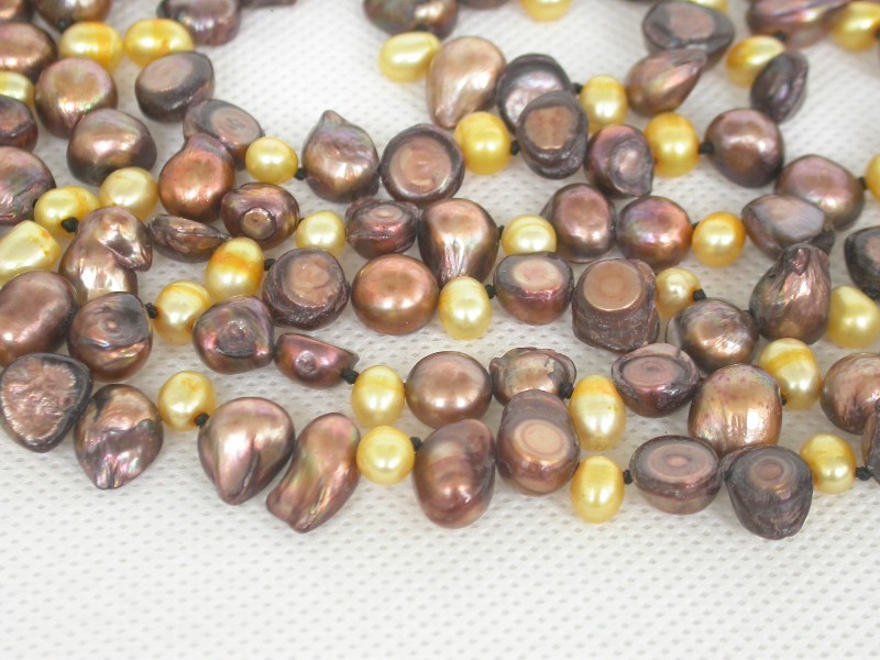 Long 46" Baroque tooth yellow coffee Multi-color freshwater pearl necklace c1670