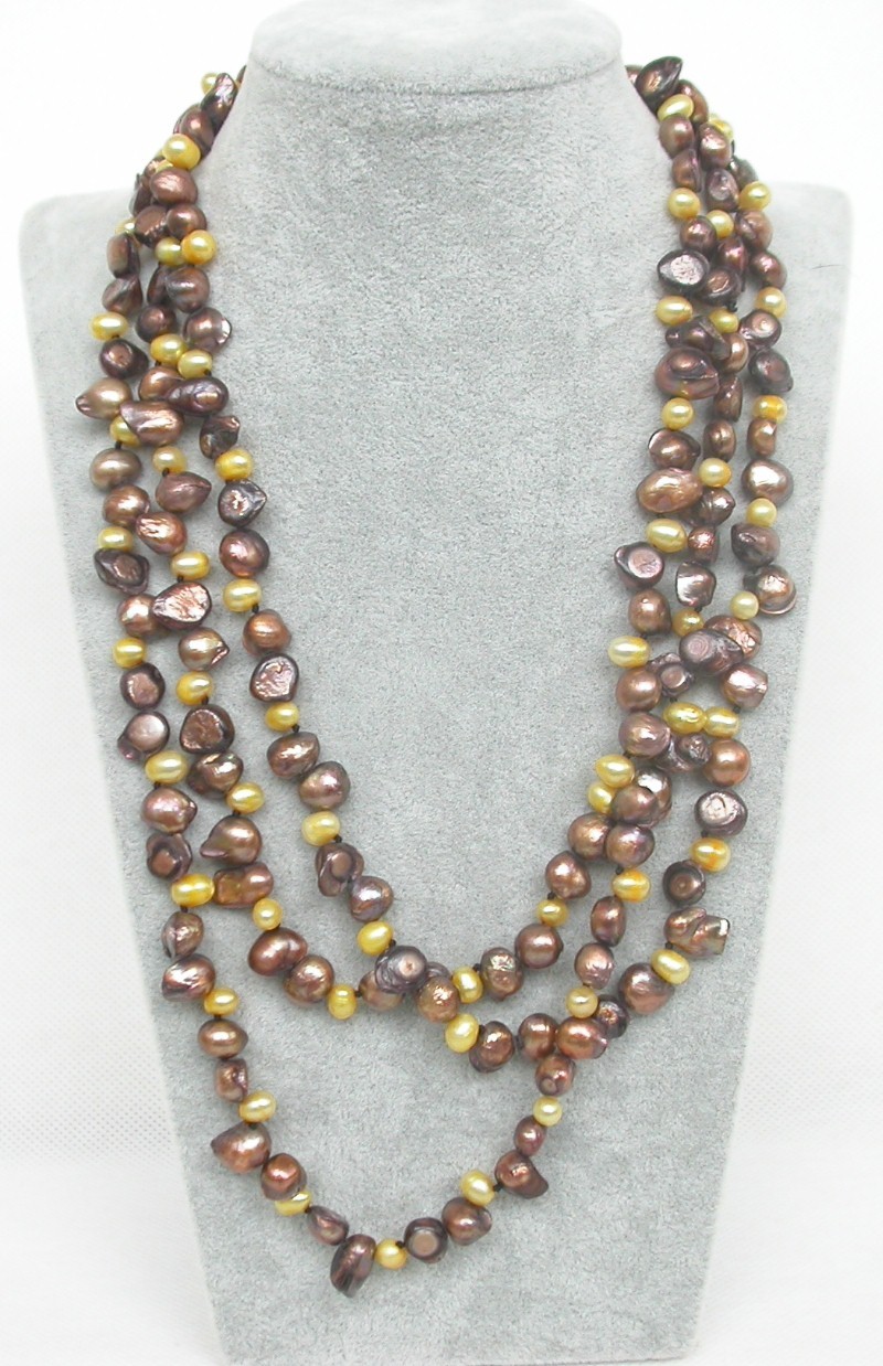 Long 46" Baroque tooth yellow coffee Multi-color freshwater pearl necklace c1670