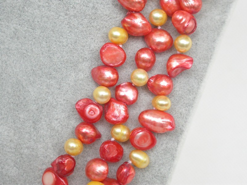 Long 46" Baroque tooth yellow red Multi-color freshwater pearls necklace c1671