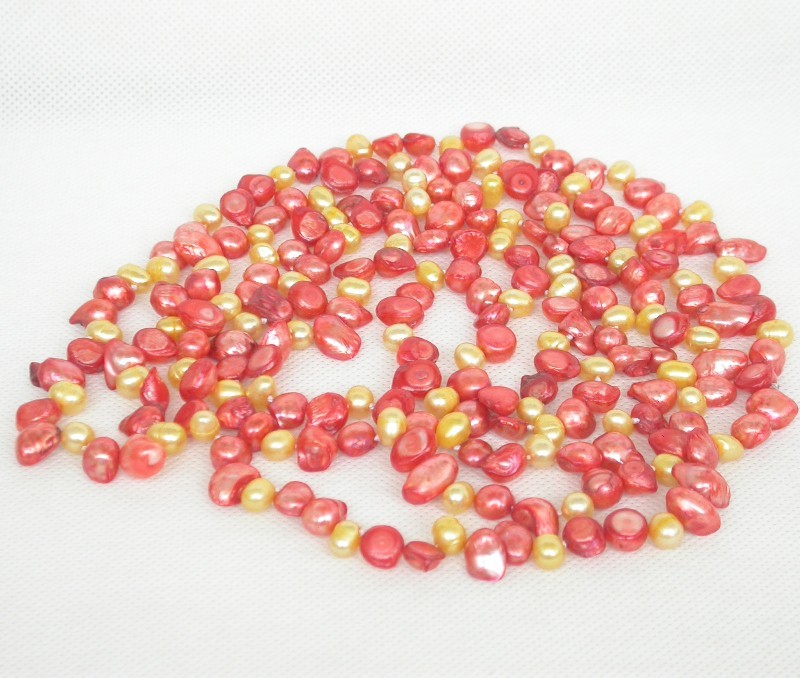 Long 46" Baroque tooth yellow red Multi-color freshwater pearls necklace c1671