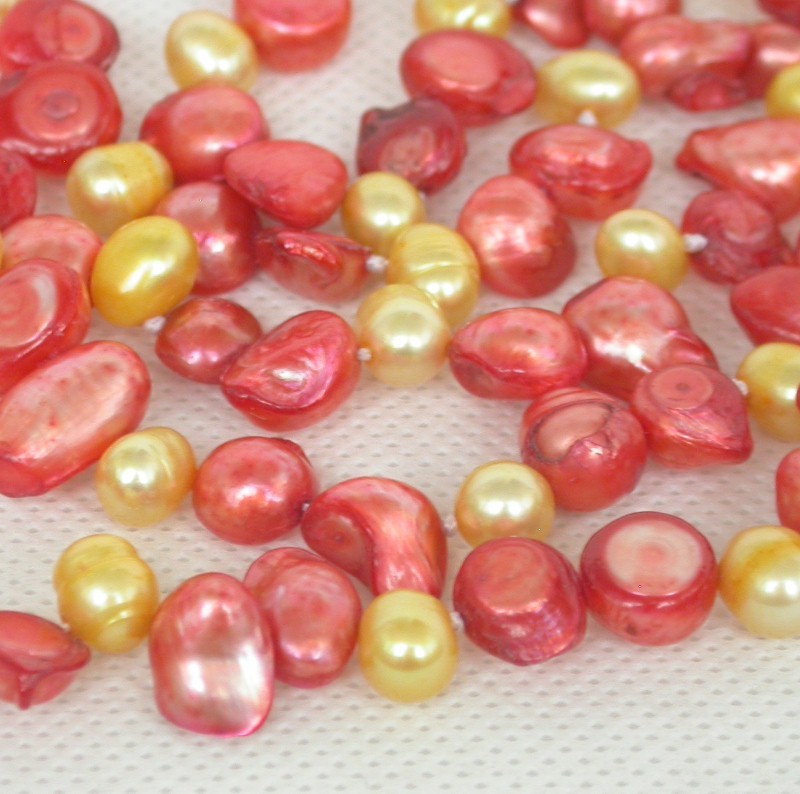 Long 46" Baroque tooth yellow red Multi-color freshwater pearls necklace c1671