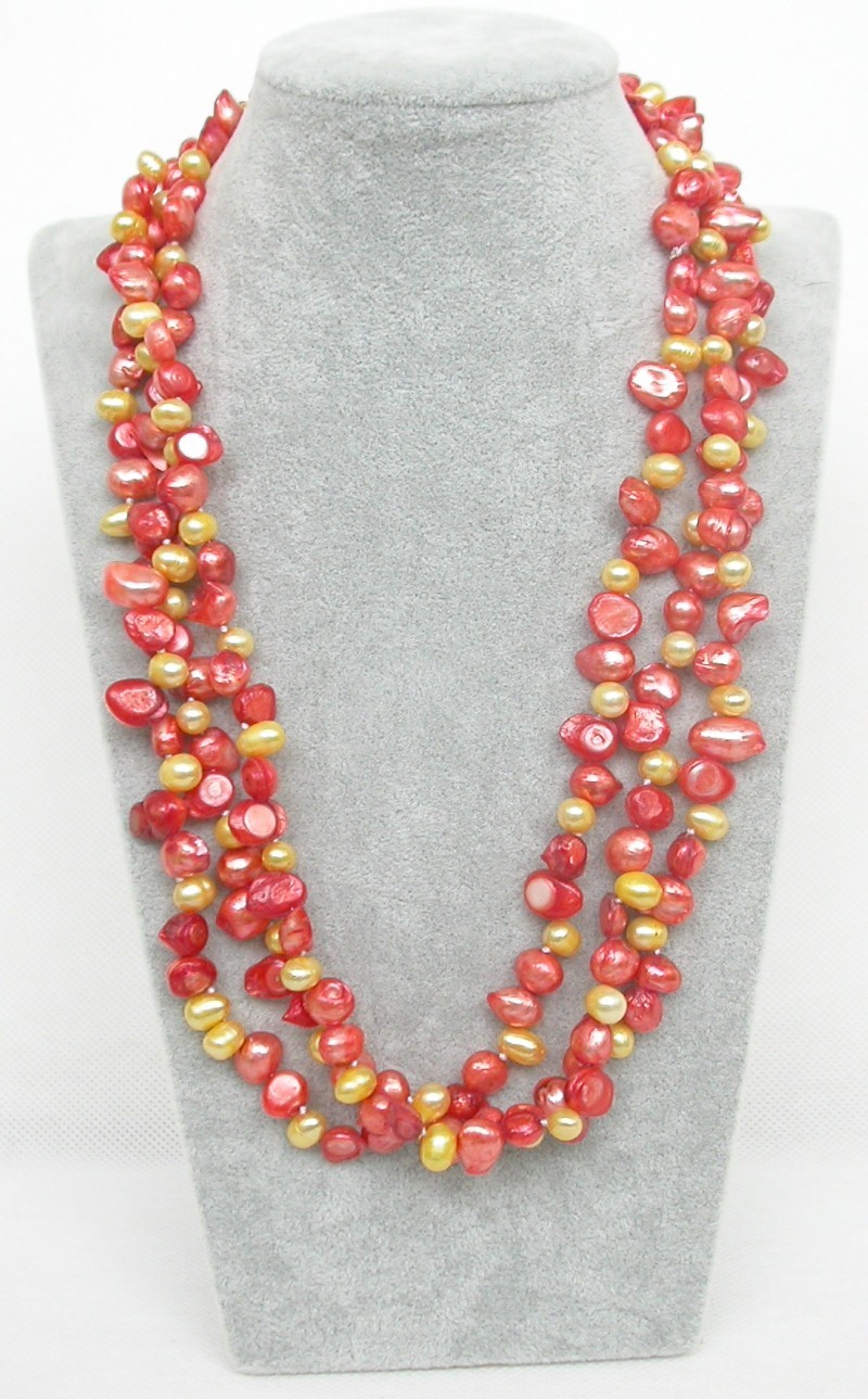 Long 46" Baroque tooth yellow red Multi-color freshwater pearls necklace c1671