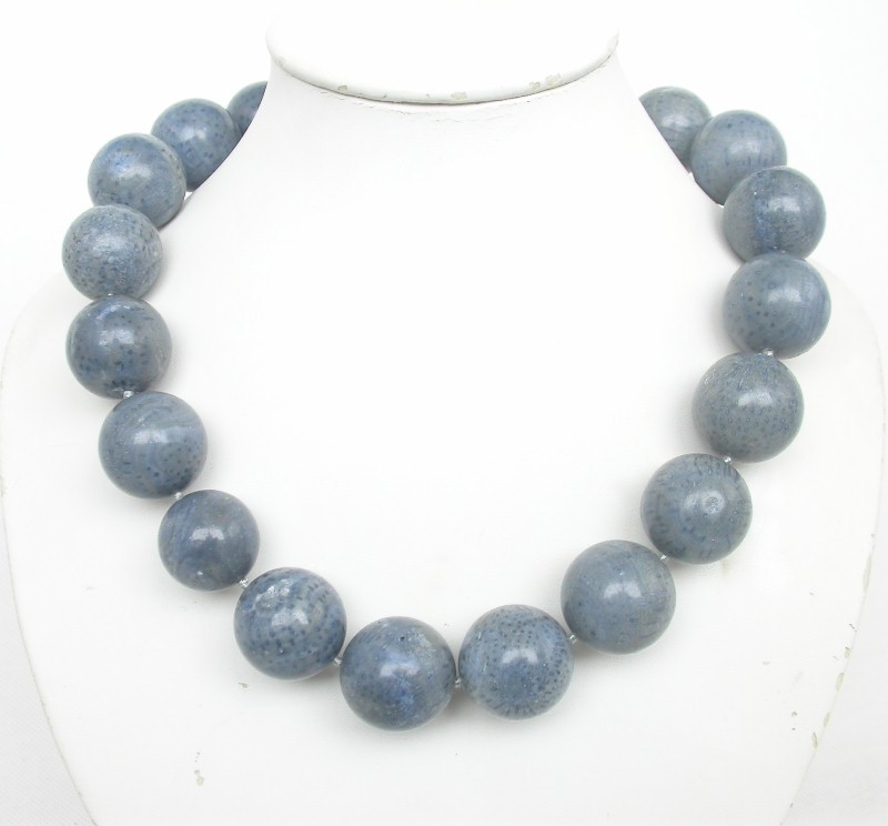 AAAA 100% natural 19" 24mm round blue coral beads necklace dragon clasp c1700