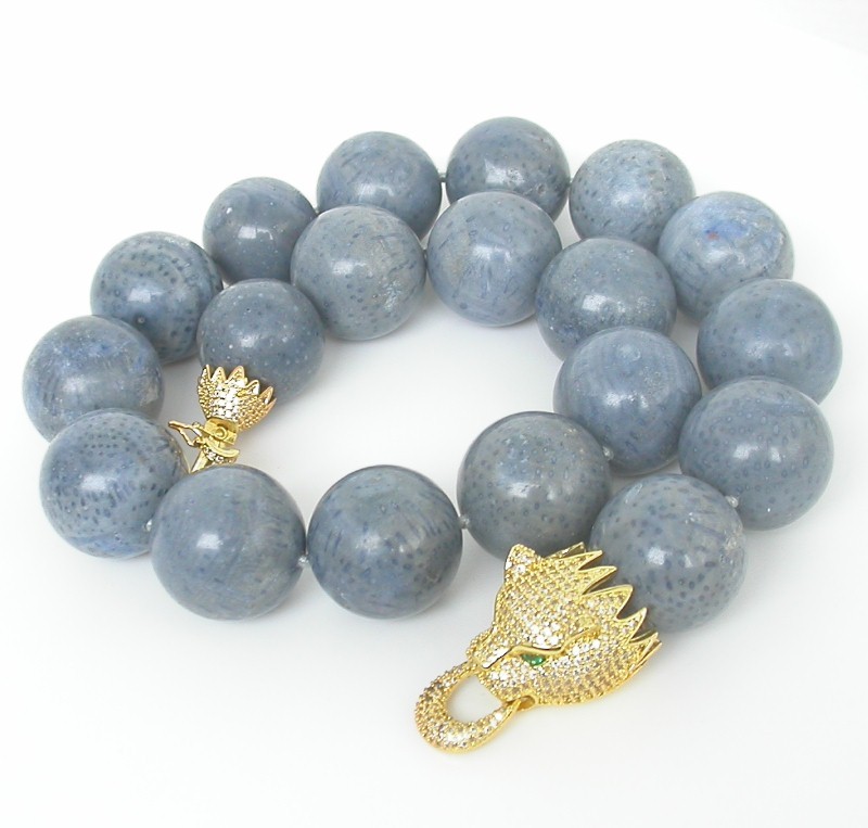 AAAA 100% natural 19" 24mm round blue coral beads necklace dragon clasp c1700