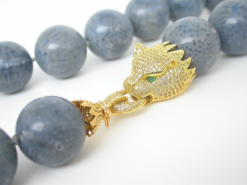 AAAA 100% natural 19" 24mm round blue coral beads necklace dragon clasp c1700