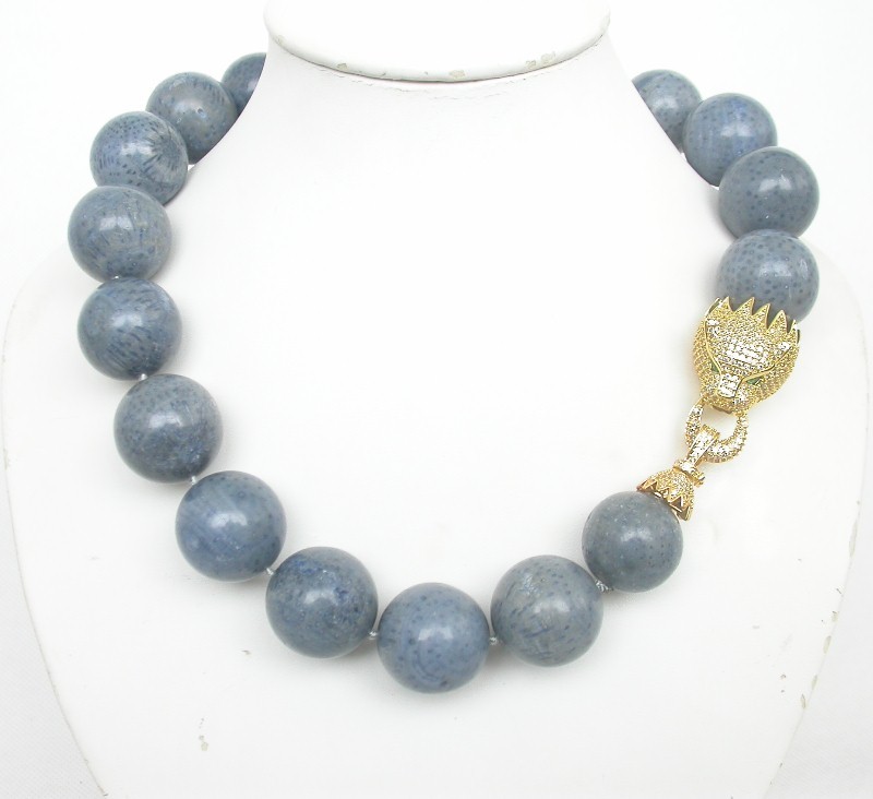 AAAA 100% natural 19" 24mm round blue coral beads necklace dragon clasp c1700