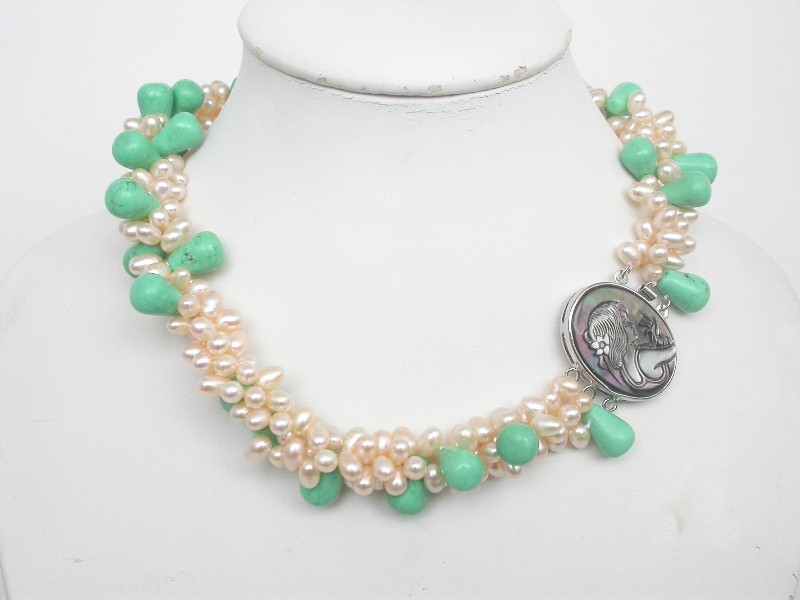natural 17" 3row Baroque rice light pink pearls green turquoise necklace c1702