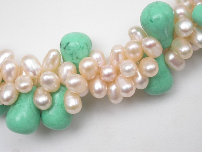 natural 17" 3row Baroque rice light pink pearls green turquoise necklace c1702