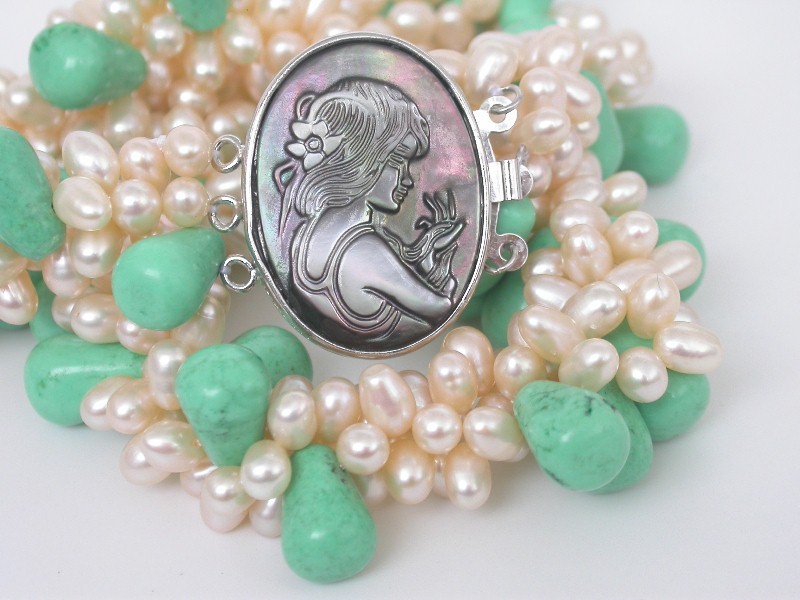natural 17" 3row Baroque rice light pink pearls green turquoise necklace c1702