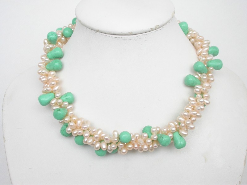 natural 17" 3row Baroque rice light pink pearls green turquoise necklace c1702