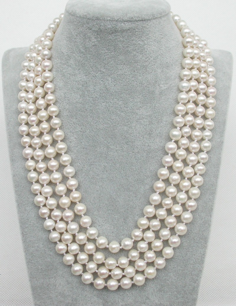 AAA AKOYA 100% natural 17" 4row round white Salt water pearls necklace turquoise