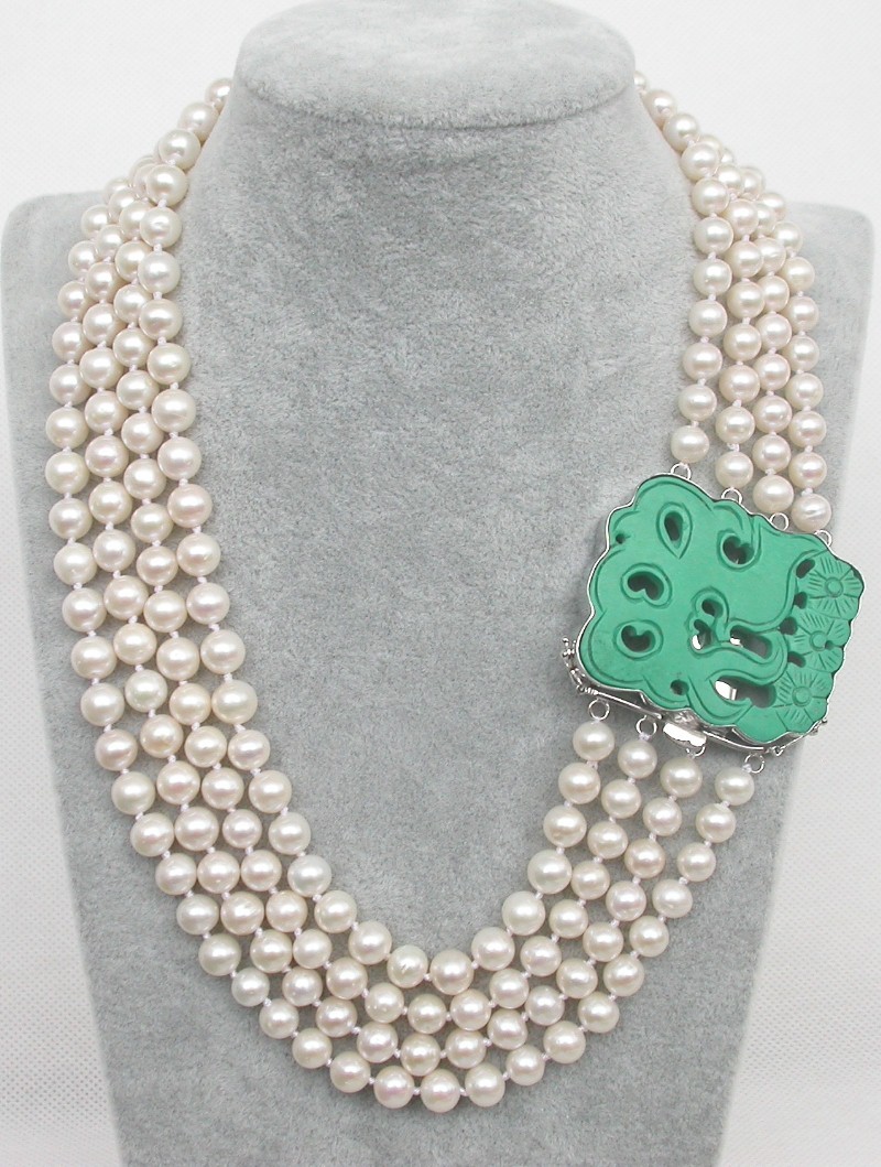 AAA AKOYA 100% natural 17" 4row round white Salt water pearls necklace turquoise