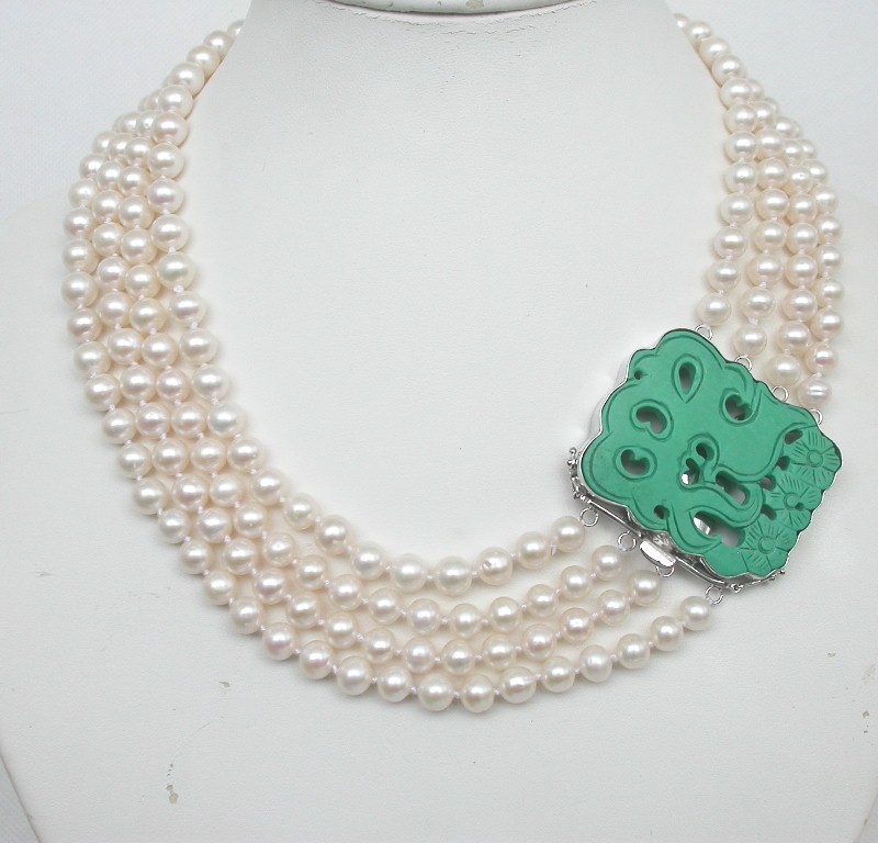 AAA AKOYA 100% natural 17" 4row round white Salt water pearls necklace turquoise