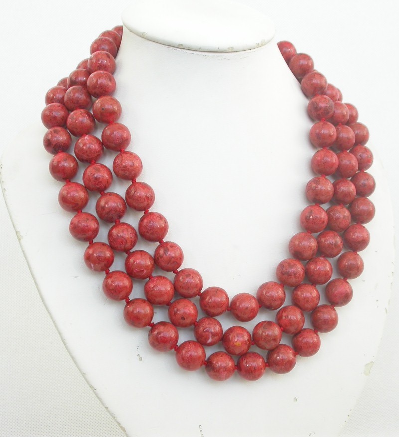 AAA natural 19" 3row 14mm round red sponge coral necklace mabe pearl clasp c1712