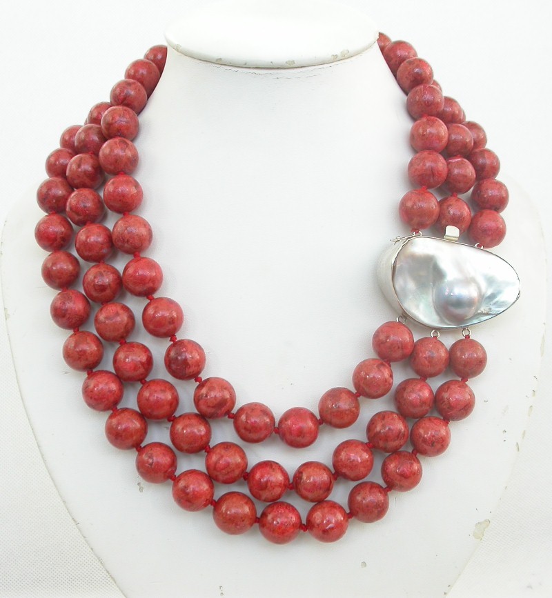 AAA natural 19" 3row 14mm round red sponge coral necklace mabe pearl clasp c1712